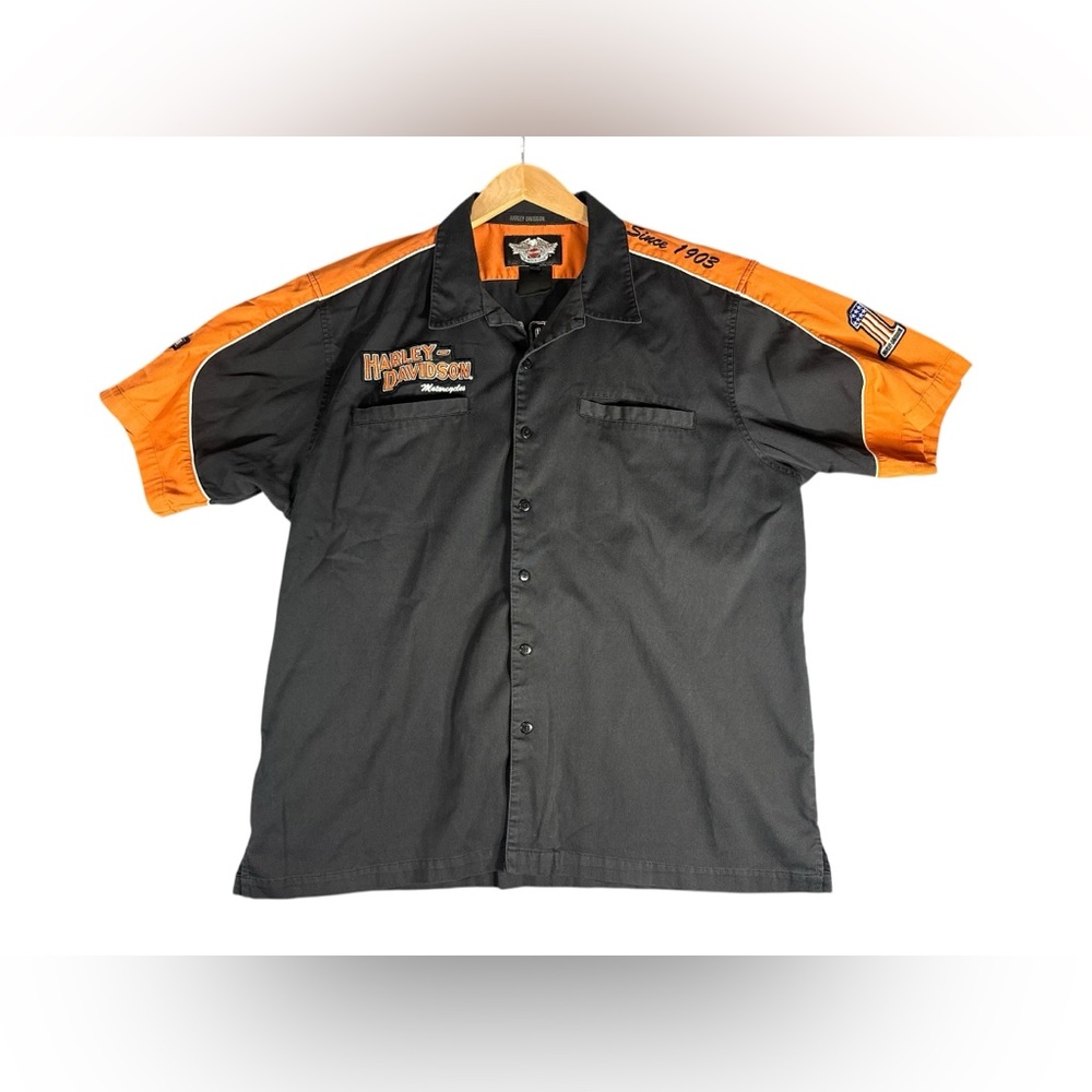 Harley Davidson Shirt Black Orange Embroidered Work Garage Mechanic Button 2XL
